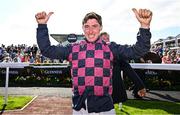 31 July 2025; Jockey Jack Kennedy celebrates after winning the Guinness Galway Hurdle Handicap on Ndaawi, following a steward's enquiry, during day four of the Galway Races Summer Festival at Ballybrit Racecourse in Galway. Photo by Seb Daly/Sportsfile