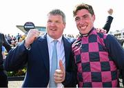 31 July 2025; Trainer Gordon Elliott, left, and jockey Jack Kennedy after sending out Ndaawi to win the Guinness Galway Hurdle Handicap during day four of the Galway Races Summer Festival at Ballybrit Racecourse in Galway. Photo by Seb Daly/Sportsfile