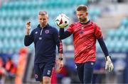 31 July 2025; St Patrick's Athletic goalkeeper Danny Rogers, right, and assistant coach Sean O'Connor before the UEFA Conference League Second Qualifying Round second leg match between Nõmme Kalju FC and St Patrick's Athletic at Lilleküla Stadium in Tallinn, Estonia. Photo by Evaldas Semiotas/Sportsfile