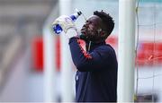 31 July 2025; St Patrick's Athletic goalkeeper Joseph Anang cools himself before the UEFA Conference League Second Qualifying Round second leg match between Nõmme Kalju FC and St Patrick's Athletic at Lilleküla Stadium in Tallinn, Estonia. Photo by Evaldas Semiotas/Sportsfile