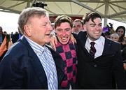 31 July 2025; Owner Michael Earl, left, of the Easyfix syndicate, and jockey Jack Kennedy celebrate after sending out Ndaawi to win the Guinness Galway Hurdle Handicap during day four of the Galway Races Summer Festival at Ballybrit Racecourse in Galway. Photo by Seb Daly/Sportsfile