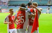 31 July 2025; St Patrick's Athletic players celebrate after their first goal, scored by Joe Redmond, second from right, during the UEFA Conference League Second Qualifying Round second leg match between Nõmme Kalju FC and St Patrick's Athletic at Lilleküla Stadium in Tallinn, Estonia. Photo by Evaldas Semiotas/Sportsfile