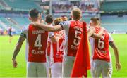 31 July 2025; St Patrick's Athletic players celebrate after their first goal, scored by Joe Redmond, 4, during the UEFA Conference League Second Qualifying Round second leg match between Nõmme Kalju FC and St Patrick's Athletic at Lilleküla Stadium in Tallinn, Estonia. Photo by Evaldas Semiotas/Sportsfile