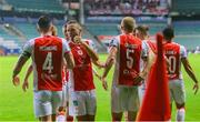 31 July 2025; St Patrick's Athletic players, including Ryan McLaughlin, centre, celebrate after their first goal, scored by Joe Redmond, 4, during the UEFA Conference League Second Qualifying Round second leg match between Nõmme Kalju FC and St Patrick's Athletic at Lilleküla Stadium in Tallinn, Estonia. Photo by Evaldas Semiotas/Sportsfile