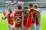 31 July 2025; St Patrick's Athletic players celebrate after their first goal, scored by Joe Redmond, second from right, during the UEFA Conference League Second Qualifying Round second leg match between Nõmme Kalju FC and St Patrick's Athletic at Lilleküla Stadium in Tallinn, Estonia. Photo by Evaldas Semiotas/Sportsfile