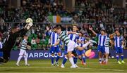 31 July 2025; John McGovern of Shamrock Rovers has a header on goal saved by St Joseph's goalkeeper Bradley Banda during the UEFA Conference League Second Qualifying Round second leg match between Shamrock Rovers and St Joseph's at Tallaght Stadium in Dublin. Photo by Stephen McCarthy/Sportsfile