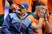 1 August 2025; Head coach Joe Schmidt wearing a fake moustache in honour of the last international match for Nic White, right, as they pose for a team photograph before the Australia rugby squad captain's run at Accor Stadium in Sydney, Australia. Photo by Brendan Moran/Sportsfile