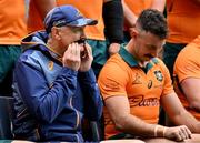 1 August 2025; Head coach Joe Schmidt wearing a fake moustache in honour of the last international match for Nic White, right, as they pose for a team photograph before the Australia rugby squad captain's run at Accor Stadium in Sydney, Australia. Photo by Brendan Moran/Sportsfile