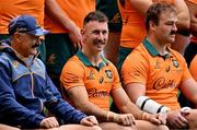 1 August 2025; Nic White, centre, before his last international game, alongside head coach Joe Schmidt, left, and captain Harry Wilson, wearing fake moustaches in his honour as they pose for a team photograph before the Australia rugby squad captain's run at Accor Stadium in Sydney, Australia. Photo by Brendan Moran/Sportsfile