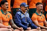 1 August 2025; Head coach Joe Schmidt, centre, and Joseph-Aukuso Suaalii, left, wearing fake moustaches in honour of Nic White and his last international game, as they pose for a team photograph before the Australia rugby squad captain's run at Accor Stadium in Sydney, Australia. Photo by Brendan Moran/Sportsfile
