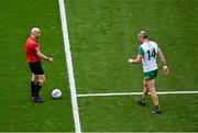 27 July 2025; Referee Brendan Cawley with Michael Murphy of Donegal during the GAA Football All-Ireland Senior Championship final match between Kerry and Donegal at Croke Park in Dublin. Photo by Piaras Ó Mídheach/Sportsfile