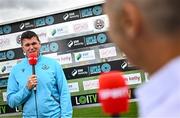 1 August 2025; Drogheda United manager Kevin Doherty is interviewed by Virgin Media Sport before the SSE Airtricity Men's Premier Division match between Bohemians and Drogheda United at Dalymount Park in Dublin. Photo by Seb Daly/Sportsfile
