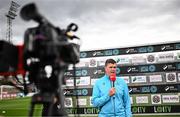 1 August 2025; Drogheda United manager Kevin Doherty is interviewed by Virgin Media Sport before the SSE Airtricity Men's Premier Division match between Bohemians and Drogheda United at Dalymount Park in Dublin. Photo by Seb Daly/Sportsfile