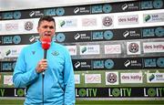 1 August 2025; Drogheda United manager Kevin Doherty is interviewed by Virgin Media Sport before the SSE Airtricity Men's Premier Division match between Bohemians and Drogheda United at Dalymount Park in Dublin. Photo by Seb Daly/Sportsfile