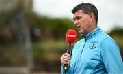 1 August 2025; Drogheda United manager Kevin Doherty is interviewed by Virgin Media Sport before the SSE Airtricity Men's Premier Division match between Bohemians and Drogheda United at Dalymount Park in Dublin. Photo by Seb Daly/Sportsfile