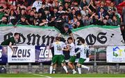 1 August 2025; Josh Fitzpatrick of Cork City, hidden, celebrates with teammates after scoring their side's first goal during the SSE Airtricity Men's Premier Division match between Cork City and Galway United at Turner's Cross in Cork. Photo by Tyler Miller/Sportsfile