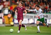 1 August 2025; David Hurley of Galway United in action against Kitt Nelson of Cork City during the SSE Airtricity Men's Premier Division match between Cork City and Galway United at Turner's Cross in Cork. Photo by Tyler Miller/Sportsfile
