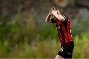 1 August 2025; Ross Tierney of Bohemians reacts during the SSE Airtricity Men's Premier Division match between Bohemians and Drogheda United at Dalymount Park in Dublin. Photo by Seb Daly/Sportsfile