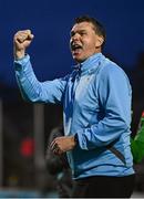1 August 2025; Drogheda United manager Kevin Doherty celebrates after his side's victory in the SSE Airtricity Men's Premier Division match between Bohemians and Drogheda United at Dalymount Park in Dublin. Photo by Seb Daly/Sportsfile