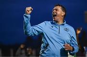 1 August 2025; Drogheda United manager Kevin Doherty celebrates after his side's victory in the SSE Airtricity Men's Premier Division match between Bohemians and Drogheda United at Dalymount Park in Dublin. Photo by Seb Daly/Sportsfile