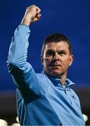 1 August 2025; Drogheda United manager Kevin Doherty celebrates after his side's victory in the SSE Airtricity Men's Premier Division match between Bohemians and Drogheda United at Dalymount Park in Dublin. Photo by Seb Daly/Sportsfile