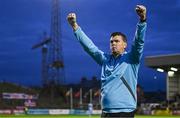 1 August 2025; Drogheda United manager Kevin Doherty celebrates at the final whistle after his side's victory in the SSE Airtricity Men's Premier Division match between Bohemians and Drogheda United at Dalymount Park in Dublin. Photo by Seb Daly/Sportsfile