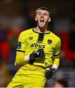 1 August 2025; Cork City goalkeeper Conor Brann celebrates after the SSE Airtricity Men's Premier Division match between Cork City and Galway United at Turner's Cross in Cork. Photo by Tyler Miller/Sportsfile