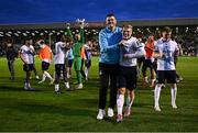 1 August 2025; Drogheda United manager Kevin Doherty and goalscorer Josh Thomas celebrate after their side's victory in the SSE Airtricity Men's Premier Division match between Bohemians and Drogheda United at Dalymount Park in Dublin. Photo by Seb Daly/Sportsfile