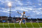 1 August 2025; Josh Thomas of Drogheda United, right, celebrates after scoring his side's first goal during the SSE Airtricity Men's Premier Division match between Bohemians and Drogheda United at Dalymount Park in Dublin. Photo by Seb Daly/Sportsfile