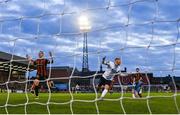 1 August 2025; Josh Thomas of Drogheda United, right, celebrates after scoring his side's first goal during the SSE Airtricity Men's Premier Division match between Bohemians and Drogheda United at Dalymount Park in Dublin. Photo by Seb Daly/Sportsfile
