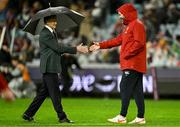 2 August 2025; Australia head coach Joe Schmidt, left, and British & Irish Lions head coach Andy Farrell before the third test match between Australia and the British & Irish Lions at Accor Stadium in Sydney, Australia. Photo by Brendan Moran/Sportsfile