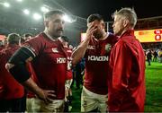 2 August 2025; British & Irish Lions players Jack Conan, left, and Tadhg Beirne, centre, with assistant coach Simon Easterby after defeat in the third test match between Australia and the British & Irish Lions at Accor Stadium in Sydney, Australia. Photo by Brendan Moran/Sportsfile