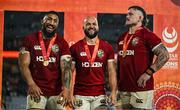 2 August 2025; British & Irish Lions players, from left, Bundee Aki, Jamison Gibson-Park and Andrew Porter after the third test match between Australia and the British & Irish Lions at Accor Stadium in Sydney, Australia. Photo by Brendan Moran/Sportsfile