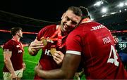 2 August 2025; Tadhg Beirne of British & Irish Lions is congratulated by captain Maro Itoje after winning Player of the Match and Player of the Series after the third test match between Australia and the British & Irish Lions at Accor Stadium in Sydney, Australia. Photo by Brendan Moran/Sportsfile