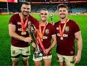 2 August 2025; British & Irish Lions players, from left, Tadhg Beirne, Ben Earl and Tom Curry with the series trophy after the third test match between Australia and the British & Irish Lions at Accor Stadium in Sydney, Australia. Photo by Brendan Moran/Sportsfile