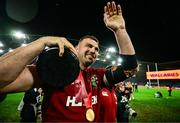 2 August 2025; Tadhg Beirne of British & Irish Lions celebrates with the series trophy after the third test match between Australia and the British & Irish Lions at Accor Stadium in Sydney, Australia. Photo by Brendan Moran/Sportsfile