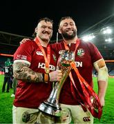 2 August 2025; British & Irish Lions players Andrew Porter, left, and Will Stuart with the series trophy after the third test match between Australia and the British & Irish Lions at Accor Stadium in Sydney, Australia. Photo by Brendan Moran/Sportsfile
