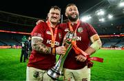 2 August 2025; British & Irish Lions players Andrew Porter, left, and Will Stuart with the series trophy after the third test match between Australia and the British & Irish Lions at Accor Stadium in Sydney, Australia. Photo by Brendan Moran/Sportsfile