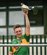 2 August 2025; Tourlestrane captain Kevin O'Kennedy lifts the cup after the Cu Chullain Cup Senior Hurling Division Three final match between Tourlestrane, Sligo, and Erne Gaels Belleek, Fermanagh, at Fr Tierney Park in Ballyshannon, Donegal. Photo by Ben McShane/Sportsfile