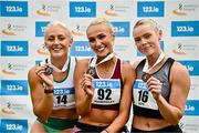 2 August 2025; Senior women's 200m medallists,Sharlene Mawdsley of Newport AC, Tipperary, centre, gold, Sarah Lavin of Emerald AC, Limerick, left, silver, and Lauren Roy of Fast Twitch AC, right, bronze, during day one of the 153rd 123.ie National Track & Field Senior Championships at Morton Stadium in Dublin. Photo by Sam Barnes/Sportsfile