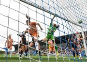 2 August 2025; Agram goalkeeper Nika Radolovic is beaten directly from the corner of Madison Gibson for the first goal during the UEFA Women's Champions League First Qualifying Round final match between Agram and Athlone Town at Athlone Town Stadium in Westmeath. Photo by David Fitzgerald/Sportsfile