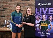 2 August 2025; LGFA President Trina Murray presents Clodagh Hanlon of Muckalee, Kilkenny, with the Junior Championship runners-up trophy at the O’Neills All-Ireland Club 7s competitions at Naomh Mearnóg GAA Club in Portmarnock, Dublin. Photo by Piaras Ó Mídheach/Sportsfile