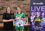 2 August 2025; LGFA President Trina Murray presents Anna Whyte of St Patrick's, Louth, with the Intermediate Shield winners trophy at the O’Neills All-Ireland Club 7s competitions at Naomh Mearnóg GAA Club in Portmarnock, Dublin. Photo by Piaras Ó Mídheach/Sportsfile