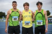 2 August 2025; Athletes from left, Stephen Gaffney of Rathfarnham WSAF AC, Dublin, Gregor McCullagh-Travers of UCD AC, Dublin, and Cillian McCabe of Rathfarnham WSAF AC, Dublin, after their senior men's 400m heat during day one of the 153rd 123.ie National Track & Field Senior Championships at Morton Stadium in Dublin. Photo by Sam Barnes/Sportsfile