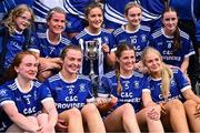 2 August 2025; Player from Shelmailers, Wexford, with the Intermediate Championship winners trophy at the O’Neills All-Ireland Club 7s competitions at Naomh Mearnóg GAA Club in Portmarnock, Dublin. Photo by Piaras Ó Mídheach/Sportsfile