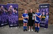 2 August 2025; LGFA President Trina Murray presents Dee McMahon, left, and Clara Donnelly of Shelmailers, Wexford, with the Intermediate Championship winners trophy at the O’Neills All-Ireland Club 7s competitions at Naomh Mearnóg GAA Club in Portmarnock, Dublin. Photo by Piaras Ó Mídheach/Sportsfile