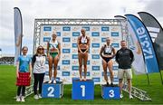 2 August 2025; Athletics Ireland President Brid Golden, second from left, and DCU Director of Sports and Wellbeing James Galvin, far right, with Senior women's 200m medallists, Sharlene Mawdsley of Newport AC, Tipperary, centre, gold, Sarah Lavin of Emerald AC, Limerick, left, silver, and Lauren Roy of Fast Twitch AC, right, bronze, during day one of the 153rd 123.ie National Track & Field Senior Championships at Morton Stadium in Dublin. Photo by Sam Barnes/Sportsfile