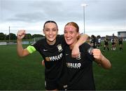 2 August 2025; Kayleigh Shine, left, and Shauna Brennan of Athlone Town celebrate after the UEFA Women's Champions League First Qualifying Round final match between Agram and Athlone Town at Athlone Town Stadium in Westmeath. Photo by David Fitzgerald/Sportsfile