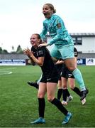 2 August 2025; Athlone Town goalkeeper Megan Plaschko celebrates with Kelly Brady after the UEFA Women's Champions League First Qualifying Round final match between Agram and Athlone Town at Athlone Town Stadium in Westmeath. Photo by David Fitzgerald/Sportsfile