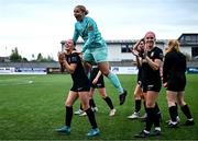 2 August 2025; Athlone Town goalkeeper Megan Plaschko celebrates with Kelly Brady after the UEFA Women's Champions League First Qualifying Round final match between Agram and Athlone Town at Athlone Town Stadium in Westmeath. Photo by David Fitzgerald/Sportsfile